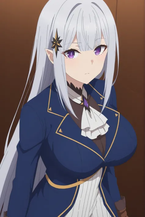 score_7_up, anime screencap, Satella, 1girl, Anime, 1girl, pointy ears, hair ornament, silver hair, purple eyes, Big breasts, red ribbon, jewelry, white ascot, brooch, blue jacket, long sleeves, brown gloves, white dress, long dress,