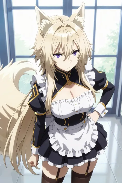 masterpiece,Highest Quality,high resolution,very detailed,Zeta\(kage no jitsuryokusha ni naritakute!\),animal ear、purple eyes、golden hair,tail,maid clothes,miniskirt,grumpy face