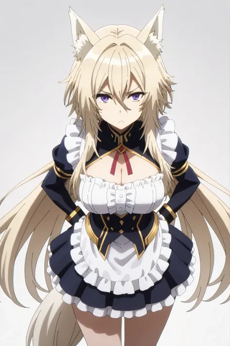 masterpiece,Highest Quality,high resolution,very detailed,Zeta\(kage no jitsuryokusha ni naritakute!\),animal ear、purple eyes、golden hair,tail,maid clothes,miniskirt,grumpy face
