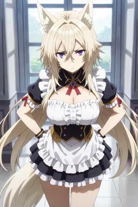 masterpiece,Highest Quality,high resolution,very detailed,Zeta\(kage no jitsuryokusha ni naritakute!\),animal ear、purple eyes、golden hair,tail,maid clothes,miniskirt,grumpy face