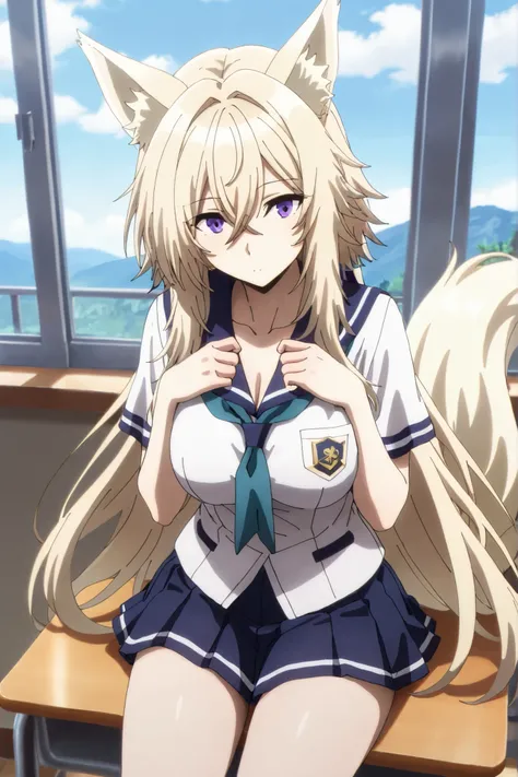 masterpiece,Highest Quality,high resolution,very detailed,Zeta\(kage no jitsuryokusha ni naritakute!\),animal ear、purple eyes、golden hair,tail,school uniform,miniskirt