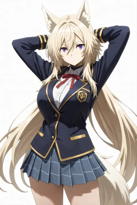 masterpiece,Highest Quality,high resolution,very detailed,Zeta\(kage no jitsuryokusha ni naritakute!\),animal ear、purple eyes、golden hair,tail,school uniform,miniskirt