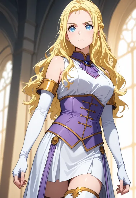 solo, ushio kofune, long hair, wavy hair, blond hair, braid, blue eyes, in a castle, medieval noble, medieval princess, white coat sleeveless, white gloves, arm gloves, Long Fingerless Gloves, white boots, purple corset, white thigh boots, whaite and purpl...