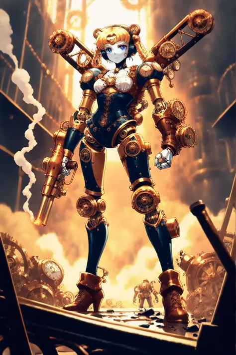  (1broken android:1.5), 8k, masterpiece, (steampunk:1.4), spark, smoke, red mecha suit, sailormoon mecha.