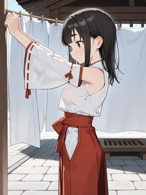 cute girl, schoolgirl, small girl, short girl, tween, (solo), (1girl), (alone), miko, white shirt, white detached sleeves, red trim, long skirt, hakama skirt, red skirt, (medium breasts), skinny, narrow waist, black hair, medium hair, double parted bangs, ...