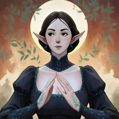 dkri style, 1girl, gorgeous elf, high cheekbones, mature girl, looking away:1.5, vibrant pale skin, perfect hands, black eyes, medieval black dress, fantasy aesthetic, painterly illustration, gouache painting, soft illustration, 2d art, abstract background...