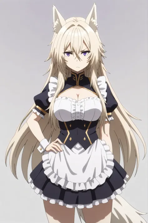 masterpiece,Highest Quality,high resolution,very detailed,Zeta\(kage no jitsuryokusha ni naritakute!\),animal ear、purple eyes、golden hair,tail,maid clothes,shoulder out,miniskirt,grumpy face