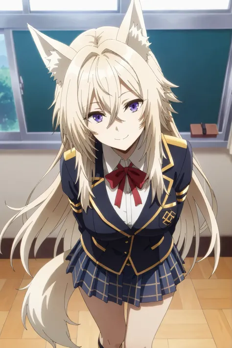 masterpiece,Highest Quality,high resolution,very detailed,Zeta\(kage no jitsuryokusha ni naritakute!\),animal ear、purple eyes、golden hair,tail,school uniform,miniskirt,mischievous smile