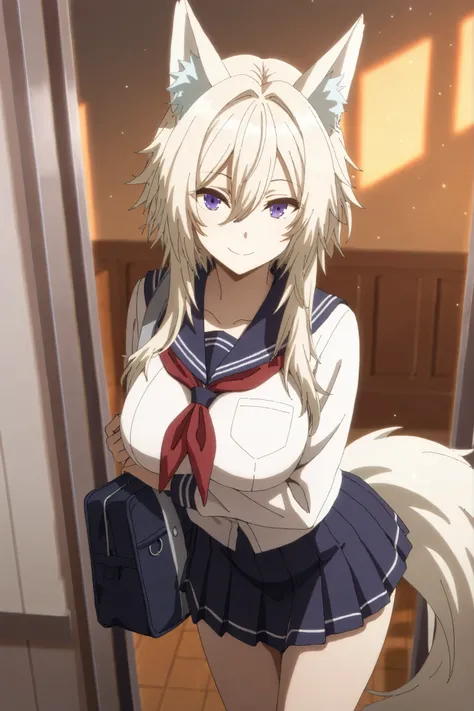 masterpiece,Highest Quality,high resolution,very detailed,Zeta\(kage no jitsuryokusha ni naritakute!\),animal ear、purple eyes、golden hair,tail,school uniform,miniskirt,mischievous smile