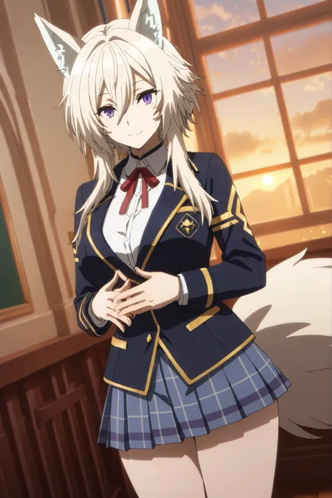 masterpiece,Highest Quality,high resolution,very detailed,Zeta\(kage no jitsuryokusha ni naritakute!\),animal ear、purple eyes、golden hair,tail,school uniform,miniskirt,mischievous smile
