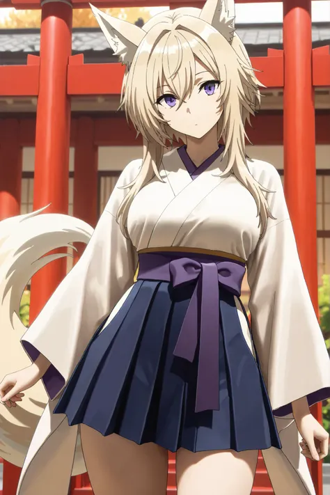 masterpiece,Highest Quality,high resolution,very detailed,Zeta\(kage no jitsuryokusha ni naritakute!\),animal ear、purple eyes、golden hair,tail, kimono,Hakama,miniskirt,band,Long-sleeved kimono