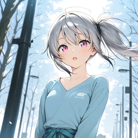 1 Girl, gray hair,Pink blue eyes ,Big , open mouth , outdoor,wind, Game CG,,( masterpiece), (best quality), (ultra-fine), very aesthetic, illustration,super fine skin, Glossy Skin, ( masterpiece), (best quality), (ultra-fine), very aesthetic, milk,, REAL...