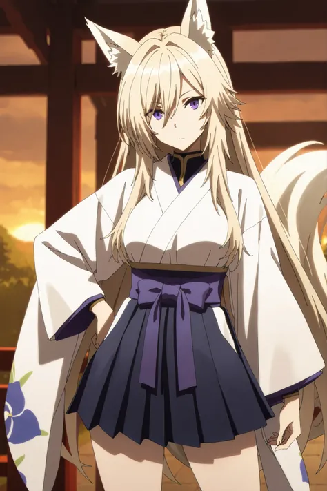 masterpiece,Highest Quality,high resolution,very detailed,Zeta\(kage no jitsuryokusha ni naritakute!\),animal ear、purple eyes、golden hair,tail, kimono,Hakama,miniskirt,band,Long-sleeved kimono
