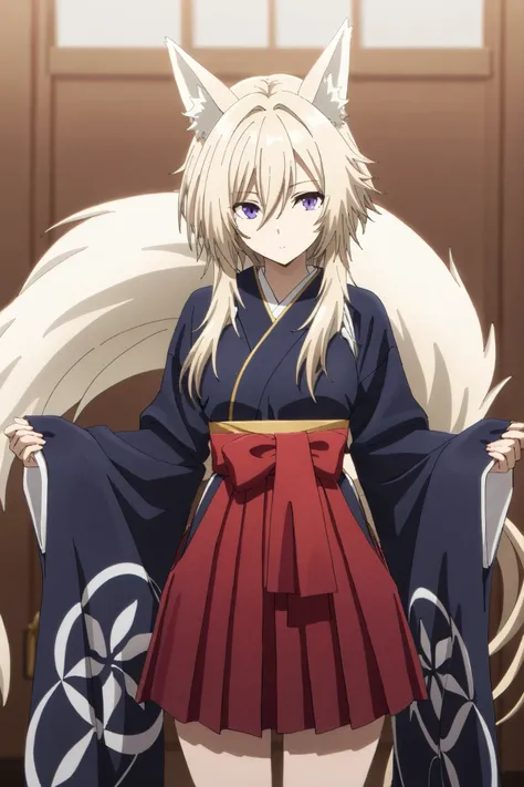 masterpiece,Highest Quality,high resolution,very detailed,Zeta\(kage no jitsuryokusha ni naritakute!\),animal ear、purple eyes、golden hair,tail, kimono,Hakama,miniskirt,band,Long-sleeved kimono