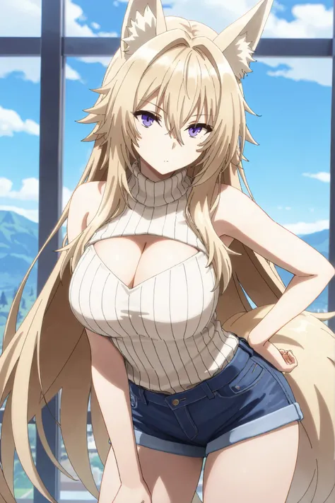 masterpiece,Highest Quality,high resolution,very detailed,Zeta\(kage no jitsuryokusha ni naritakute!\),animal ear、purple eyes、golden hair,tail,turtleneck sweater, sleeveless,cleavage,Denim Shorts