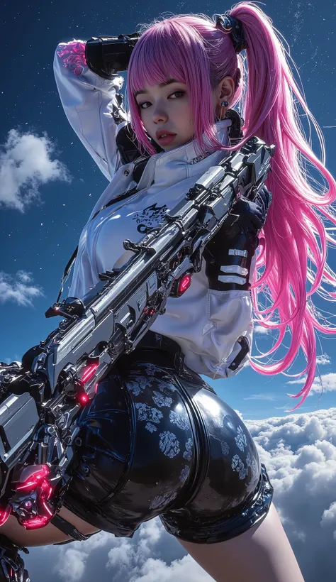 A superb 8K science fiction artwork,shows a woman playing with a weapon in her hands in a mesmerizing space environment,Surrounded by sky and neon-colored hair。style inspired by cksc,Emphasis on quality and beauty。