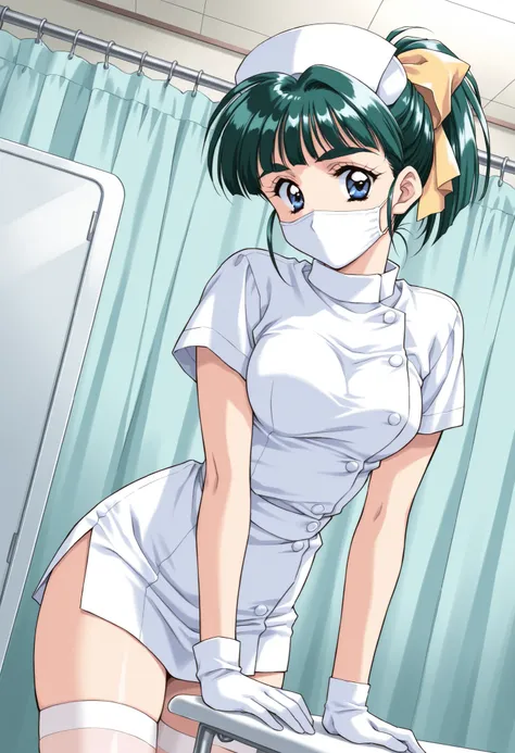 Score_9, score_8_up, score_7_up, source_anime, IijimaMiyuki, 1girl, solo, green hair, short ponytail, blue eyes, Yellow bow, hair bow, bangs, breasts,1990s (style), kadoi aya style, thick eyebrows, (best quality), (high quality), {masterpiece}, extremely d...