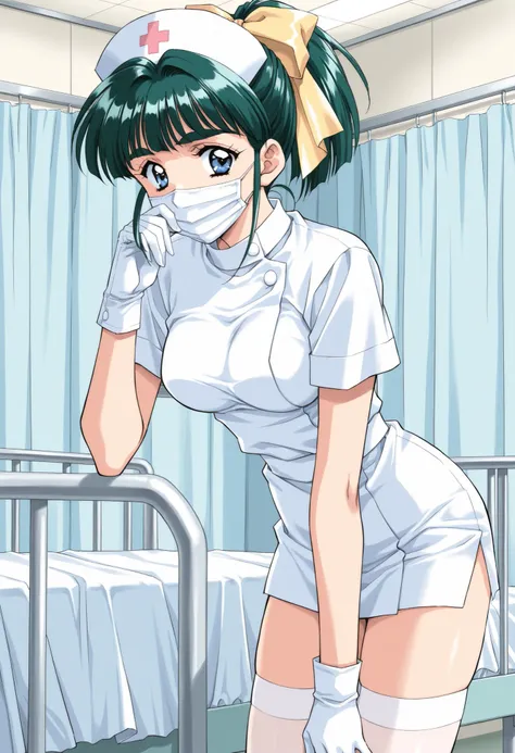 Score_9, score_8_up, score_7_up, source_anime, IijimaMiyuki, 1girl, solo, green hair, short ponytail, blue eyes, Yellow bow, hair bow, bangs, breasts,1990s (style), kadoi aya style, thick eyebrows, (best quality), (high quality), {masterpiece}, extremely d...