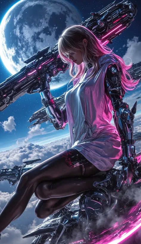 A superb 8K science fiction artwork,shows a woman playing with a weapon in her hands in a mesmerizing space environment,Surrounded by sky and neon-colored hair。style inspired by cksc,Emphasis on quality and beauty。