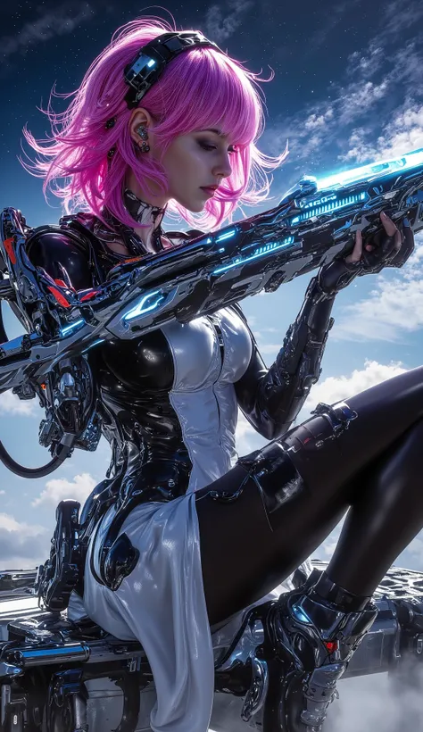 A superb 8K science fiction artwork,shows a woman playing with a weapon in her hands in a mesmerizing space environment,Surrounded by sky and neon-colored hair。style inspired by cksc,Emphasis on quality and beauty。