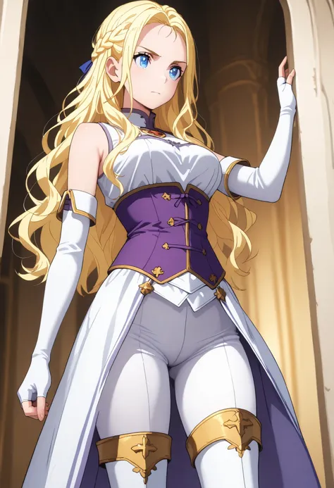 solo, ushio kofune, long hair, wavy hair, blond hair, braid, blue eyes, in a castle, medieval noble, medieval princess, sleeveless top, white gloves, arm gloves, Fingerless Gloves, white tight pants, white boots, purple corset, white thigh boots, white and...