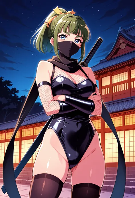 Score_9, score_8_up, score_7_up, source_anime, Iijima_Miyuki(kakyuusei), 1girl, solo, green hair, high ponytail, bangs, short hair, blue eyes, hair ribbon,Yellow ribbon, breasts, thick eyebrows, (best quality), (high quality), {masterpiece}, extremely deli...