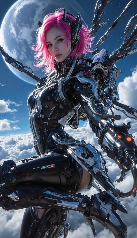 A superb 8K science fiction artwork,shows a woman playing with a weapon in her hands in a mesmerizing space environment,Surrounded by sky and neon-colored hair。style inspired by cksc,Emphasis on quality and beauty。