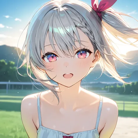 1 Girl, gray hair,Pink blue eyes ,Big , open mouth , outdoor,wind, Game CG,,( masterpiece), (best quality), (ultra-fine), very aesthetic, illustration,super fine skin, Glossy Skin, ( masterpiece), (best quality), (ultra-fine), very aesthetic, milk,, REAL...