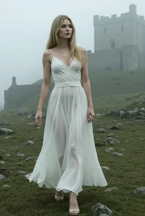 Create a realistic photograph of a beautiful 20-year-old girl with fair skin and long, straight blonde hair. She is wearing a flowing white silk dress and is captured in a full-body shot while walking. The background features an ancient Scottish castle shr...