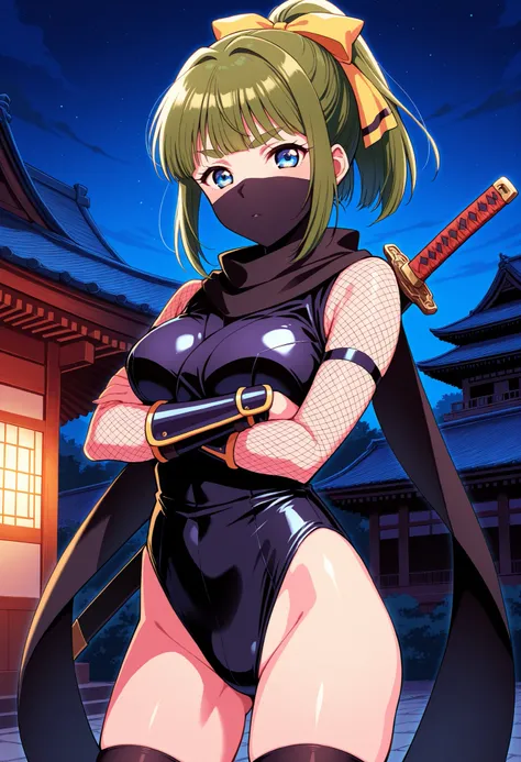Score_9, score_8_up, score_7_up, source_anime, Iijima_Miyuki(kakyuusei), 1girl, solo, green hair, high ponytail, bangs, short hair, blue eyes, hair ribbon,Yellow ribbon, breasts, thick eyebrows, (best quality), (high quality), {masterpiece}, extremely deli...