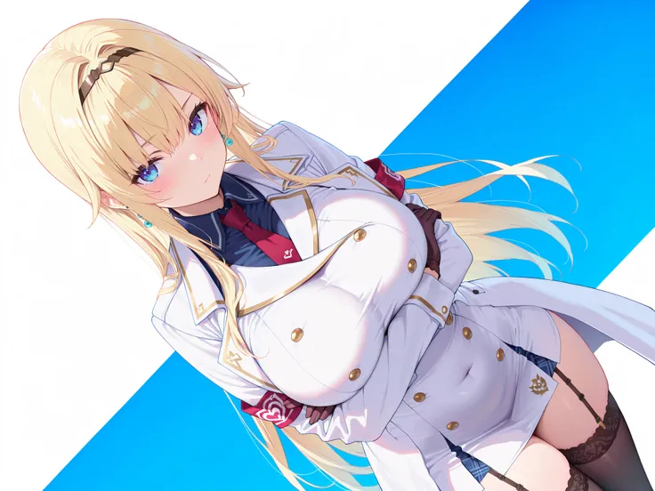 masterpiece,best quality, amazing quality, highres, absurdres, very aesthetic, high resolution, ultra detailed, perfect details,EmaMilitary, long hair, hairband, earrings, short dress, necktie, gloves, white coat, garter straps, thighhighs,,anime keyvisual...