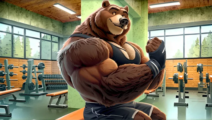 solo, 1boy, Huge Muscular Old bear, pectoral, huge pectoral, wide pectoral, short mullet, gym shorts and shirtless, bearded, mustache, gym background, masterpiece, high detailed, Disney, 8k, high resolution