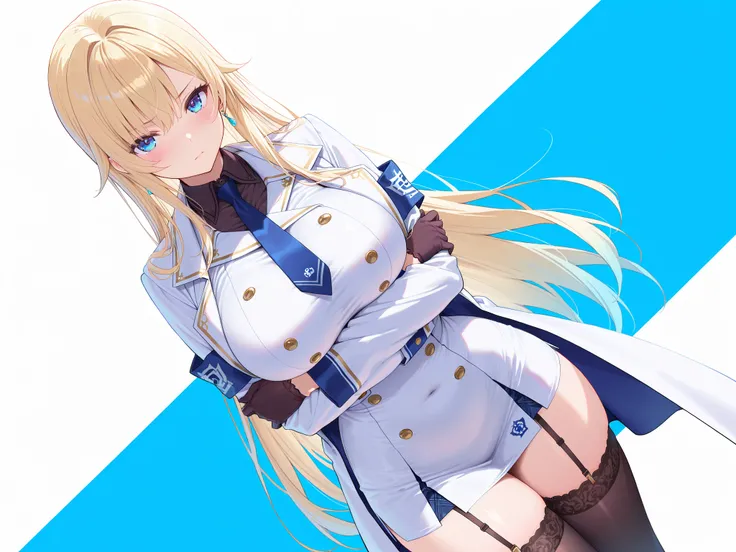 masterpiece,best quality, amazing quality, highres, absurdres, very aesthetic, high resolution, ultra detailed, perfect details,EmaMilitary, long hair, earrings, short dress, necktie, gloves, white coat, garter straps, thighhighs,,anime keyvisual,large bre...