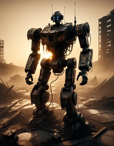 A heavily damaged humanoid war robot kneeling alone in a scorched battlefield at sunset. Its armor is cracked, dented, and partially torn apart, with exposed inner mechanisms and sparking wires. The robot has run out of ammunition and power, slumped forwar...