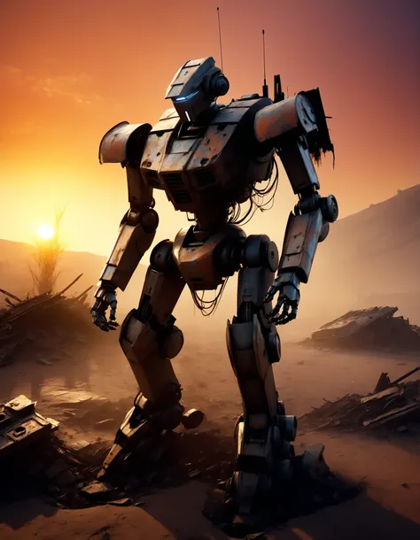A heavily damaged humanoid war robot kneeling alone in a scorched battlefield at sunset. Its armor is cracked, dented, and partially torn apart, with exposed inner mechanisms and sparking wires. The robot has run out of ammunition and power, slumped forwar...