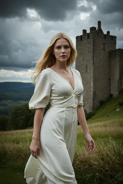Create a realistic photograph of a beautiful 20-year-old girl with fair skin and long, straight blonde hair. She is wearing a flowing white silk dress and is captured in a full-body shot while walking. The background features an ancient Scottish castle und...