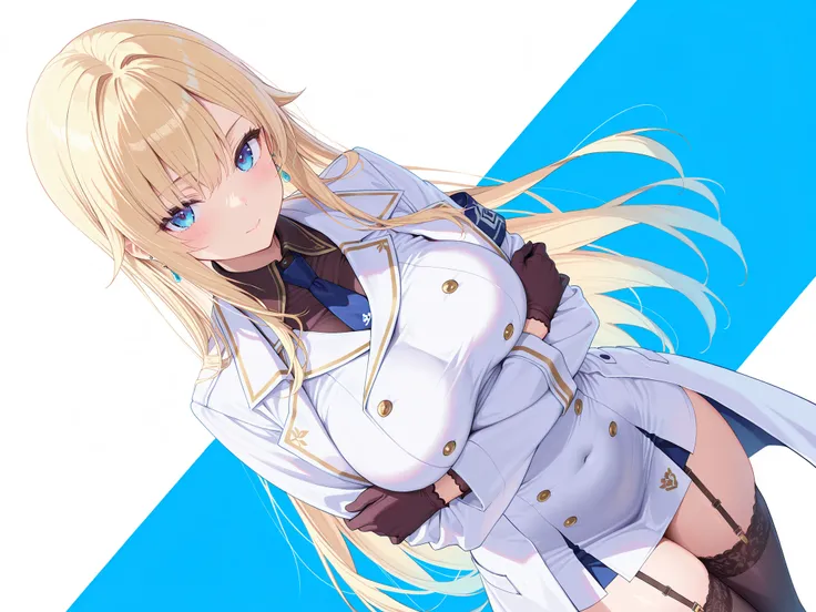 masterpiece,best quality, amazing quality, highres, absurdres, very aesthetic, high resolution, ultra detailed, perfect details,EmaMilitary, long hair, earrings, short dress, necktie, gloves, white coat, garter straps, thighhighs,,anime keyvisual,medium br...