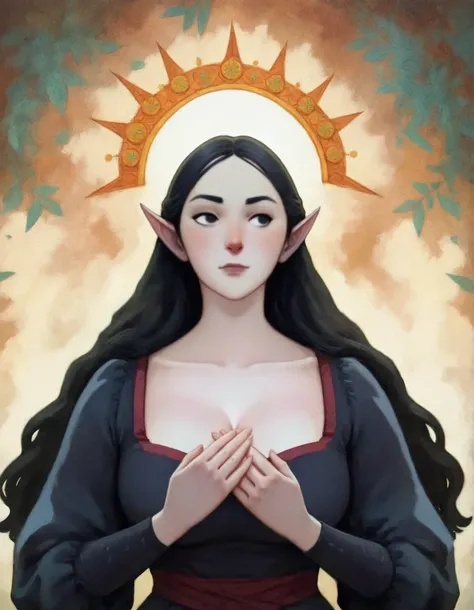 dkri style, 1girl, gorgeous elf, high cheekbones, mature girl, looking away:1.5, vibrant pale skin, perfect hands, black eyes, medieval black dress, fantasy aesthetic, painterly illustration, gouache painting, soft illustration, 2d art, abstract background...