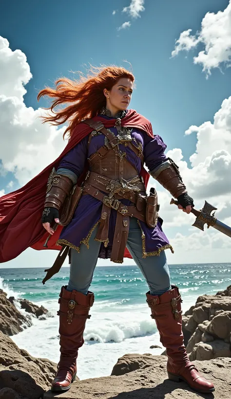 A heroic female warrior stands on rugged seaside rocks, facing an unseen enemy. She has vibrant long red hair flowing freely in the wind, fair skin, and blue eyes filled with fierce determination. She wears a vivid purple tunic with a red cape trimmed in ...