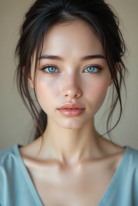 hyperrealistic portrait of young east asian woman, striking blue eyes, porcelain skin, glossy lips, delicate facial features, wispy hair strands across face, soft natural makeup, dewy complexion, perfect skin texture, neutral beige background, high-end bea...