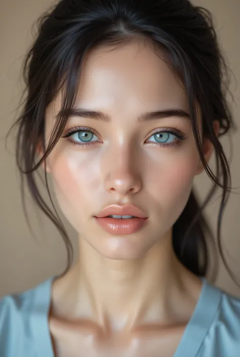 hyperrealistic portrait of young east asian woman, striking blue eyes, porcelain skin, glossy lips, delicate facial features, wispy hair strands across face, soft natural makeup, dewy complexion, perfect skin texture, neutral beige background, high-end bea...