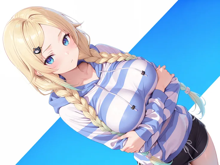 masterpiece,best quality, amazing quality, highres, absurdres, very aesthetic, high resolution, ultra detailed, perfect details,EmaRoomwear, twin long braids, striped hoodie, black shorts, cat hair ornament, parted bangs,,anime keyvisual,medium breasts、loo...