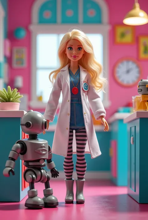 Create a vibrant scene featuring a Barbie doll as a robot doctor, dressed in a lab coat. The setting is her cheerful clinic, filled with colorful decorations. In the foreground, there is a broken robot awaiting treatment, surrounded by a bright and playful...