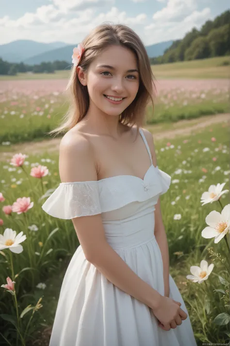 Best quality, masterpiece, ultra high res, (photorealistic:1.4), raw photo, 1girl, white dress, off shoulder, blossom flower field, glowing skin, light smile. 8k realistic attractive high resolution picture. Erotic pose. Looking seductive.