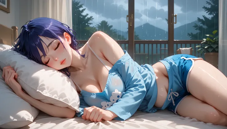 A girl with a nice body and nice breasts lies curled up on a soft bed, the sound of rain tapping on the rooftop above. Her perfect face is calm in sleep, eyes gently closed. She wears a loose tank top and pajama shorts, surrounded by pillows and soft blank...