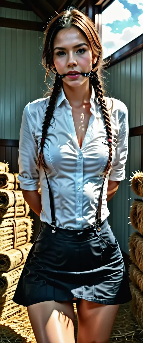 girl in sexy_cowgirl_cosplay_outfit,hogtied,rating_explicit,barn,detailed,photorealistic,HDR,16K,beautiful,serene,warm lighting,golden hour,countryside landscape,wooden beams,hay bales,dust motes,natural textures,cinematic composition,dramatic clouds,rolling hills,professional portrait photography
