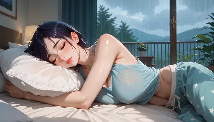 A girl with a nice body and nice breasts lies curled up on a soft bed, the sound of rain tapping on the rooftop above. Her perfect face is calm in sleep, eyes gently closed. She wears a loose tank top and pajama shorts, surrounded by pillows and soft blank...