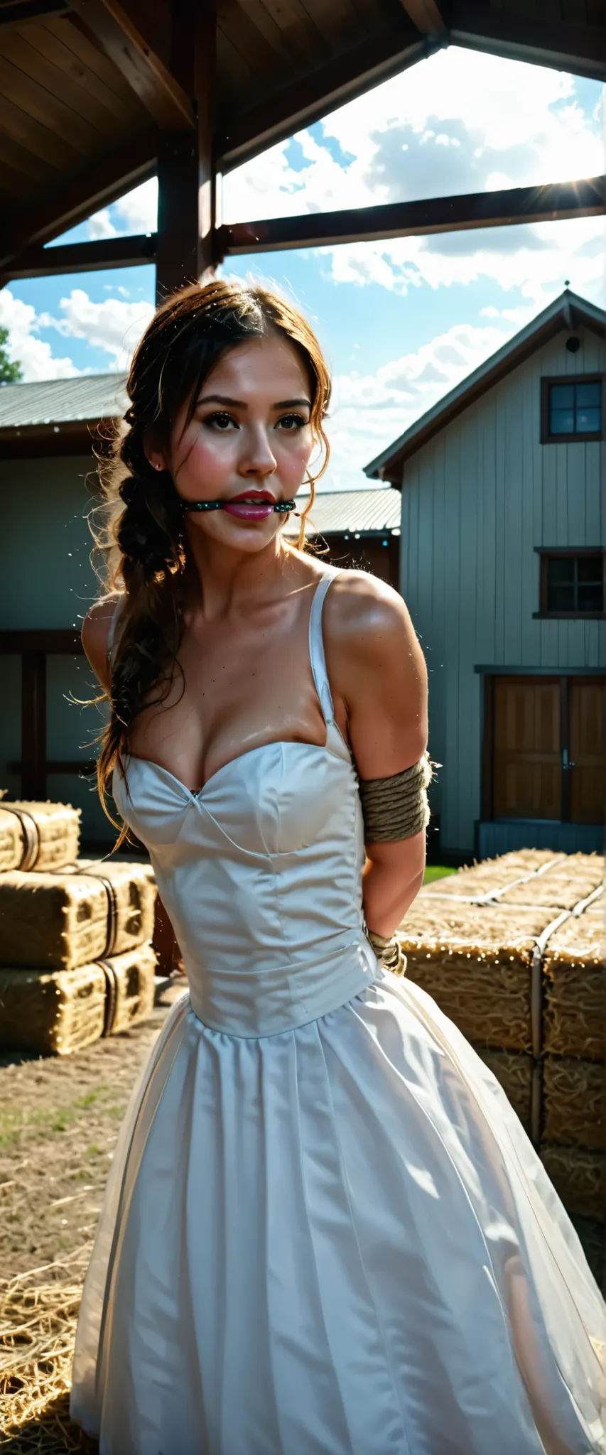 girl in sexy_cowgirl_cosplay_outfit,hogtied,rating_explicit,barn,detailed,photorealistic,HDR,16K,beautiful,serene,warm lighting,golden hour,countryside landscape,wooden beams,hay bales,dust motes,natural textures,cinematic composition,dramatic clouds,rolli...