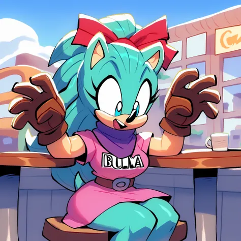 dragon ball, blmpony, aqua hair, hair ribbon, (long hair), long hair/quills, long quills, pink shirt, belt, scarf, pink skirt, clothes writing, brown gloves, medium breasts, Bulma as a Hedgehog, Mobian Hedgehog, 1girl, (Hedgehog), (hedgehog ears), bigdad/c...