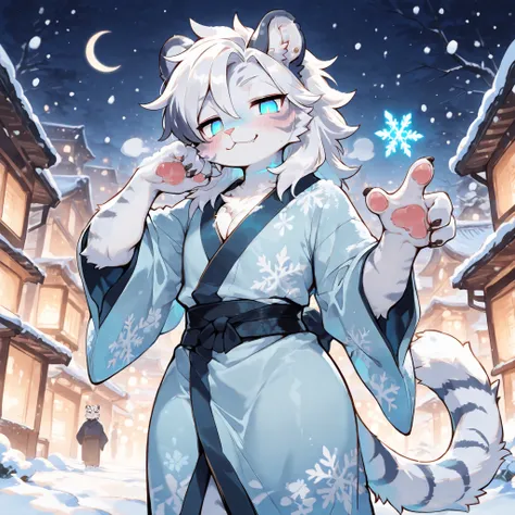 (front angle) (((solo))) (adult, mature, mature body, male, boy, hot, big eyes:1.2, blue eyes, white hair, black tipped hair, medium hair, body fur, furry, femboy:1.5, cute:1.5, white tiger boy, hair in front of ears), white fur, white fur on body, looking...